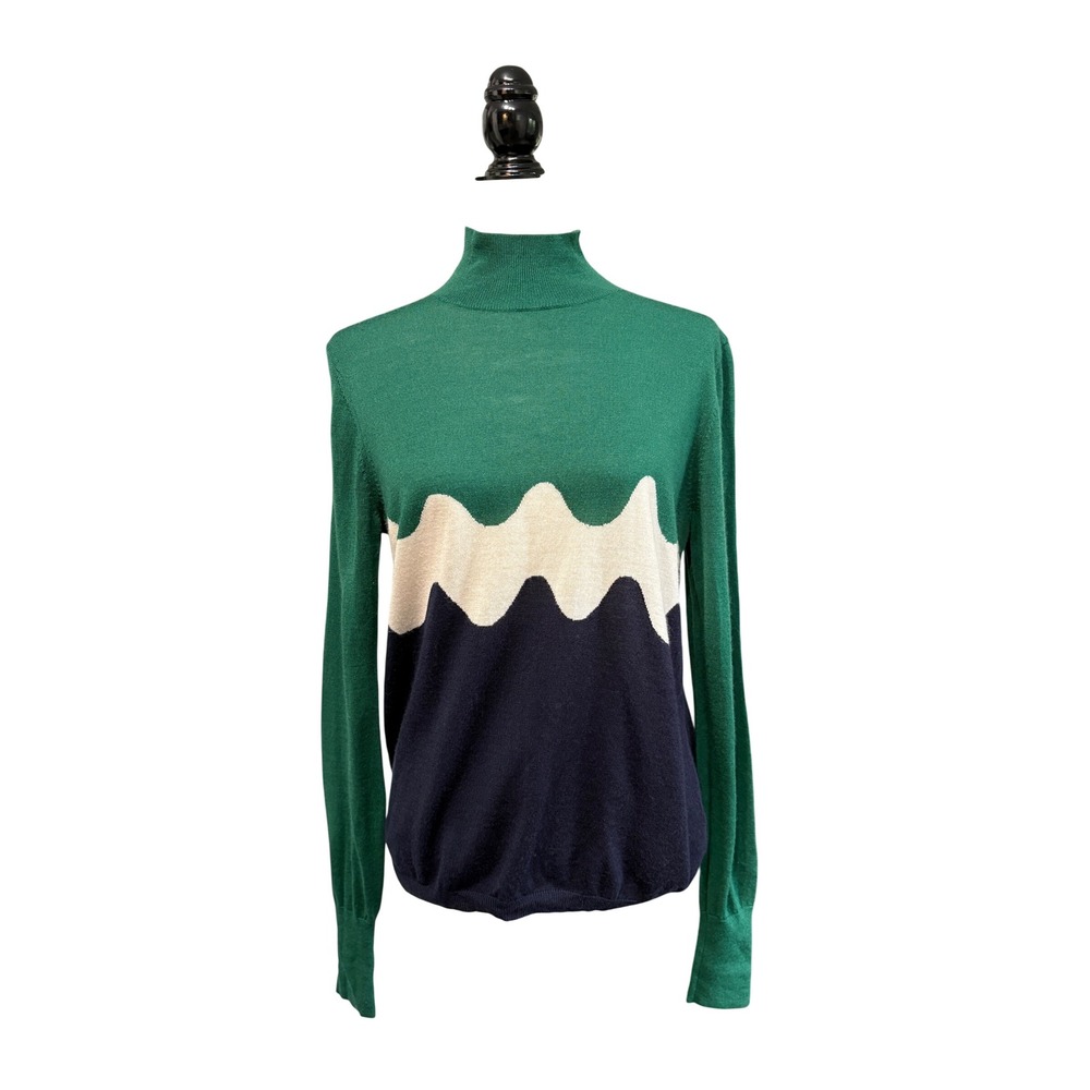 Marimekko x Uniqlo Colorblock Mock Neck Wool Blend Sweater Green Navy Large‎